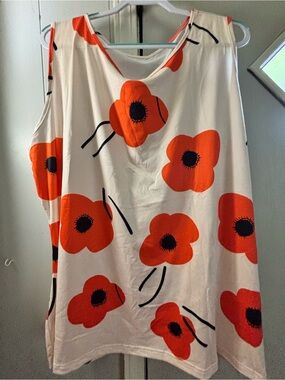 Sleeveless Cream Floral Tank Top with Orange Poppy Print